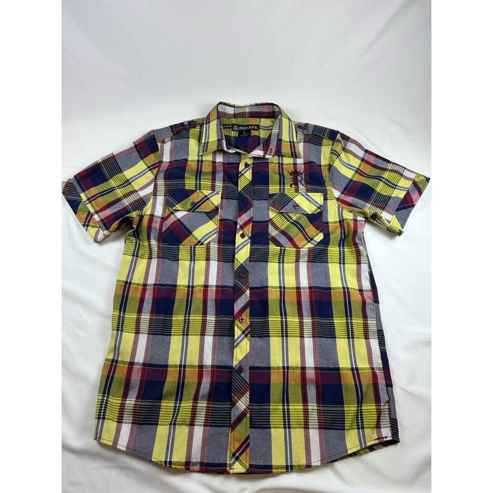 VTG Red Ape L Men's Button Up Short Sleeve Multi Color Plaid Shirt Embroidered